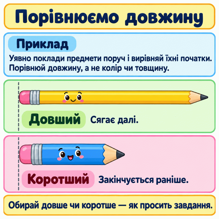 Приклад порівняння двох олівців із вирівняними початками. Довший тонший олівець сягає далі. Коротший товстіший закінчується раніше. Важлива довжина, а не колір чи товщина. Обирати потрібно довше або коротше відповідно до запитання. Порівнюємо довжину Приклад: Уявно поклади предмети поруч і вирівняй їхні початки. Порівнюй довжину, а не колір чи товщину. Довший: Сягає далі. Коротший: Закінчується раніше. Обирай довше чи коротше — як просить завдання.