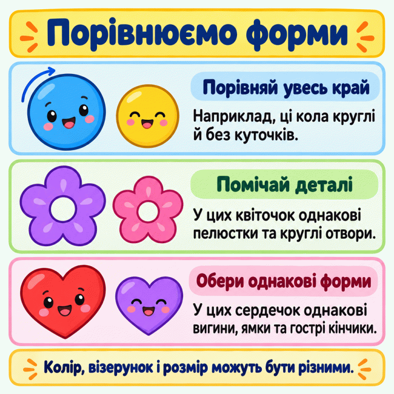 Картка з трьома навчальними парами: колами, квіточками з круглими отворами та сердечками. У кожній парі форма однакова, хоча забарвлення й розмір відрізняються. Підписи радять порівнювати весь край, помічати деталі та обирати однакові форми. Порівнюємо форми Порівняй увесь край: Наприклад, ці кола круглі й без куточків. Помічай деталі: У цих квіточок однакові пелюстки та круглі отвори. Обери однакові форми: У цих сердечок однакові вигини, ямки та гострі кінчики. Колір, візерунок і розмір можуть бути різними.