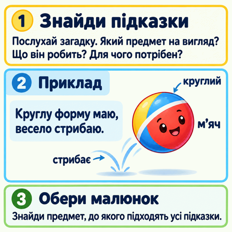 Картка навчає знаходити в загадці підказки про вигляд, дії та призначення предмета. У навчальному прикладі слова «Круглу форму маю, весело стрибаю» описують м’яч. Він круглий і підстрибує. Для відповіді треба обрати малюнок, до якого підходять усі підказки. Знайди підказки: Послухай загадку. Який предмет на вигляд? Що він робить? Для чого потрібен? Приклад: Круглу форму маю,
весело стрибаю. Обери малюнок: Знайди предмет, до якого підходять усі підказки. круглий стрибає м’яч 1 2 3