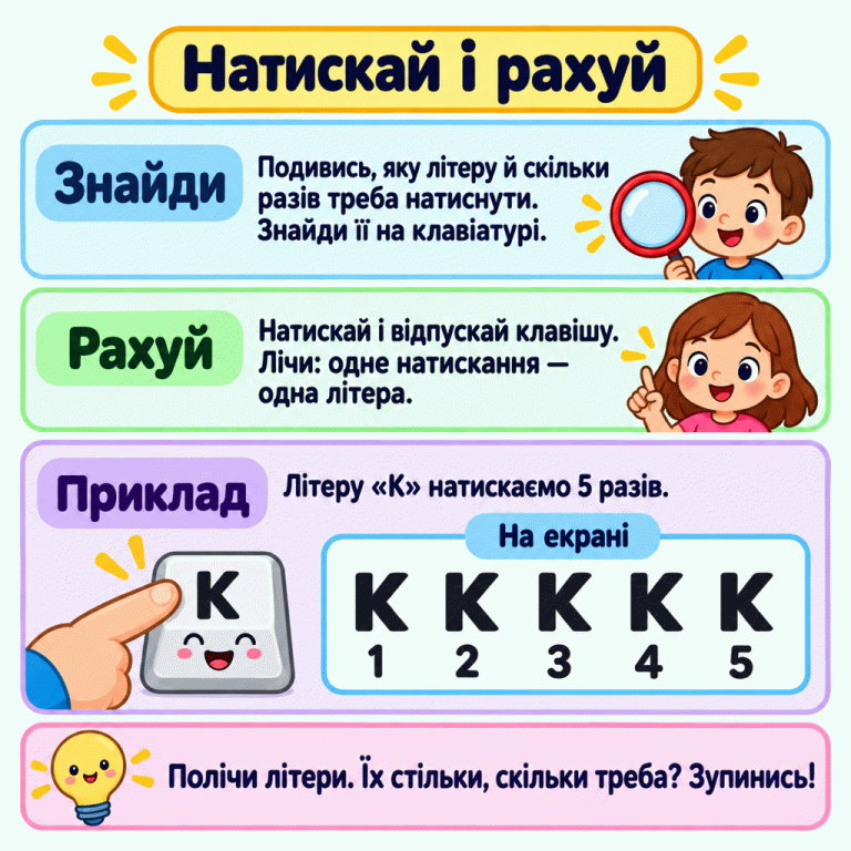 Картка вчить знаходити потрібну літеру на клавіатурі, натискати й відпускати клавішу та рахувати кожне натискання. У навчальному прикладі клавішу «К» натискають п’ять разів. У полі результату п’ять літер «К», під ними числа від одного до п’яти. Нагадування пропонує полічити надруковані літери й зупинитися, коли їх стільки, скільки потрібно. Натискай і рахуй Знайди: Подивись, яку літеру й скільки разів треба натиснути. Знайди її на клавіатурі. Рахуй: Натискай і відпускай клавішу. Лічи: одне натискання — одна літера. Приклад: Літеру «К» натискаємо 5 разів. Полічи літери. Їх стільки, скільки треба? Зупинись! К 1 2 3 4 5 На екрані