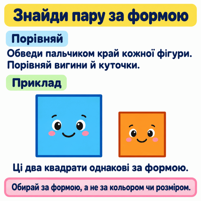 Два усміхнені квадрати різного кольору й розміру утворюють пару однакової форми. Підказка радить порівнювати краї та куточки й обирати за формою, а не за кольором чи розміром. Знайди пару за формою Порівняй: Обведи пальчиком край кожної фігури. Порівняй вигини й куточки. Приклад: Ці два квадрати однакові за формою. Обирай за формою, а не за кольором чи розміром.