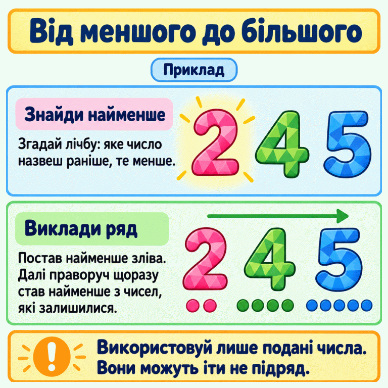 Навчальний приклад упорядкування чисел. Спочатку числа 2, 4 і 5 розміщені невпорядковано, а найменше число 2 виділене. Нижче вони стоять зліва направо: 2, 4, 5. Під ними відповідно дві, чотири та п’ять крапок. Щоб викласти ряд, щоразу обирай найменше з чисел, які залишилися. Використовуй лише подані числа — вони можуть іти не підряд. Від меншого до більшого Знайди найменше: Згадай лічбу: яке число назвеш раніше, те менше. Виклади ряд: Постав найменше зліва. Далі праворуч щоразу став найменше з чисел, які залишилися. Використовуй лише подані числа. Вони можуть іти не підряд. Приклад 2 4 5 !