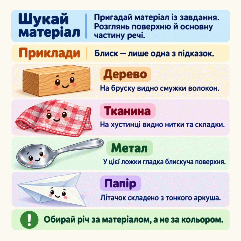 Картка пояснює, як шукати річ із названого матеріалу: розглянути поверхню й основну частину предмета. Показано чотири приклади: дерев’яний брусок зі смужками волокон, тканинну хустинку з нитками та складками, металеву ложку з гладкою блискучою поверхнею і літачок із тонкого паперового аркуша. Блиск — лише одна з підказок. Обирати слід за матеріалом, а не за кольором. Шукай матеріал: Пригадай матеріал із завдання. Розглянь поверхню й основну частину речі. Приклади: Блиск — лише одна з підказок. Обирай річ за матеріалом, а не за кольором. Дерево На бруску видно смужки волокон. Тканина На хустинці видно нитки та складки. Метал У цієї ложки гладка блискуча поверхня. Папір Літачок складено з тонкого аркуша. !