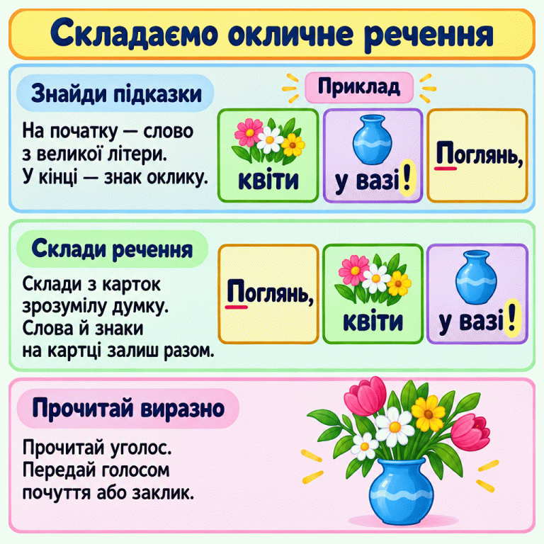 Пам’ятка про складання окличного речення. Спочатку знаходять слово з великої літери та частину зі знаком оклику. На прикладі перемішані картки утворюють речення «Поглянь, квіти у вазі!». Кома залишається біля свого слова, а слова «у вазі!» — на одній картці. Поруч зображені квіти у вазі. Готове речення пропонується прочитати вголос із почуттям або закликом. Складаємо окличне речення Знайди підказки: На початку — слово з великої літери. У кінці — знак оклику. Склади речення: Склади з карток зрозумілу думку. Слова й знаки на картці залиш разом. Прочитай виразно: Прочитай уголос. Передай голосом почуття або заклик. Приклад Поглянь, квіти у вазі!