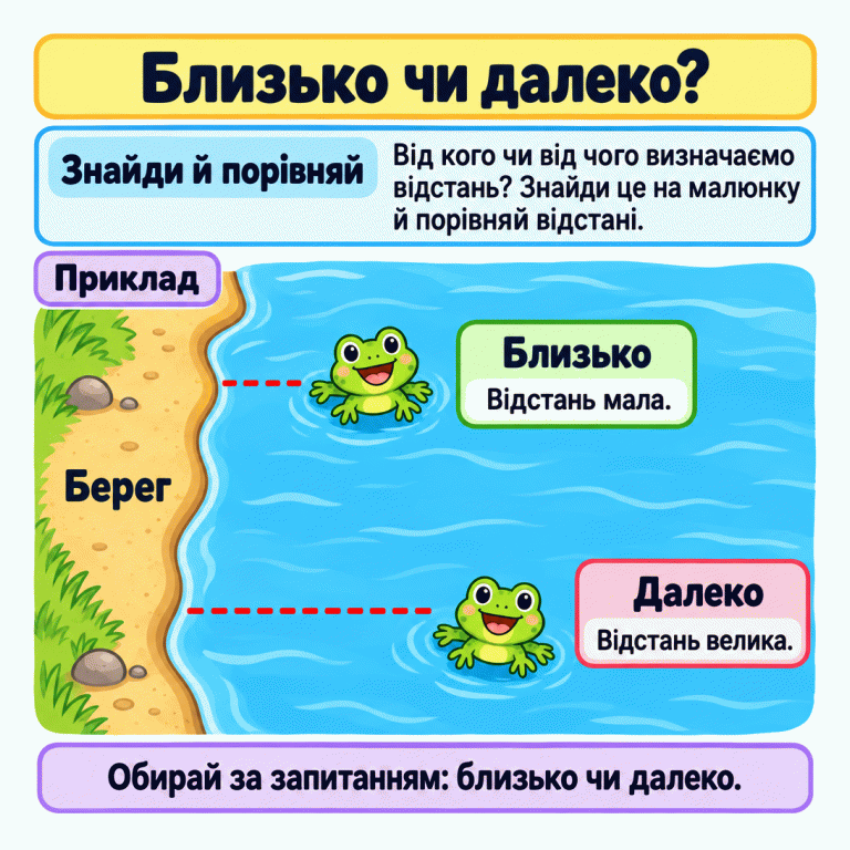 Навчальна картка пояснює: спочатку знайди, від кого чи від чого визначаємо відстань, і порівняй відстані. У прикладі два жабенята у воді біля одного берега. Між першим жабеням і берегом малий проміжок — це близько. Між другим жабеням і тим самим берегом великий проміжок — це далеко. Обирай відповідно до запитання. Близько чи далеко? Знайди й порівняй: Від кого чи від чого визначаємо відстань? Знайди це на малюнку й порівняй відстані. Близько: Відстань мала. Далеко: Відстань велика. Обирай за запитанням: близько чи далеко. Приклад Берег