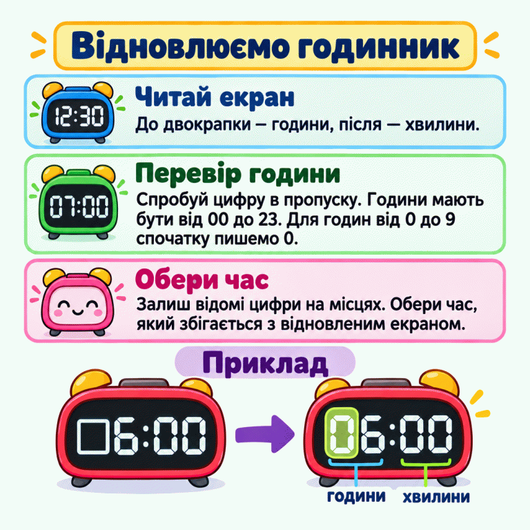 Картка пояснює, як відновити цифровий годинник. До двокрапки записані години, після неї — хвилини. Години мають бути від 00 до 23; для годин від 0 до 9 попереду пишуть нуль. У навчальному прикладі перед цифрою 6 є порожнє місце. Після додавання нуля екран показує 06:00. Відомі цифри залишаються на місцях. Треба обрати час, який збігається з відновленим екраном. Відновлюємо годинник Читай екран: До двокрапки — години, після — хвилини. Перевір години: Спробуй цифру в пропуску. Години мають бути від 00 до 23. Для годин від 0 до 9 спочатку пишемо 0. Обери час: Залиш відомі цифри на місцях. Обери час, який збігається з відновленим екраном. Приклад □6:00 06:00 години хвилини 12:30 07:00
