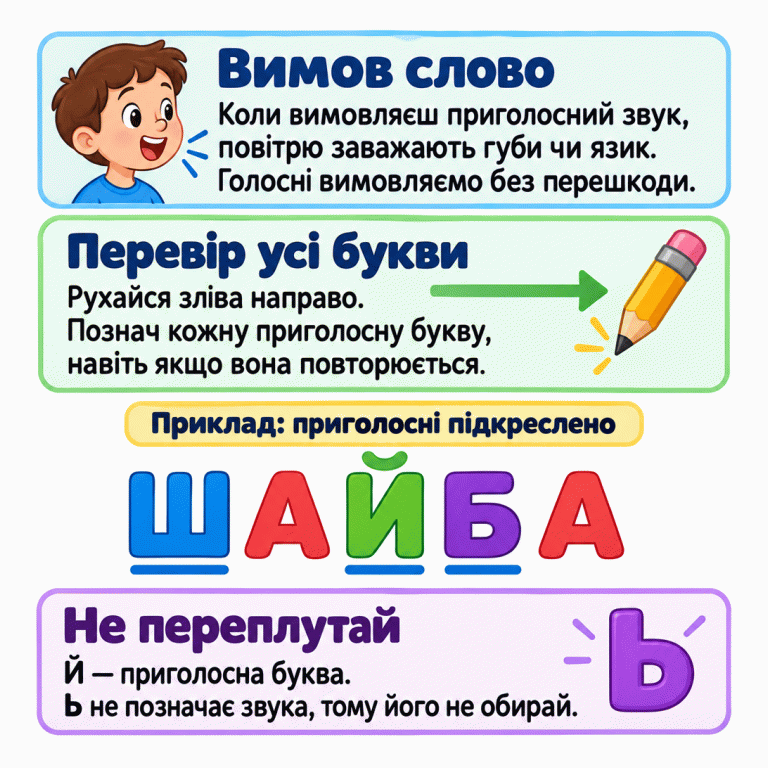 Картка пояснює: під час вимови приголосних звуків повітря натрапляє на перешкоду. Перевіряй слово зліва направо й позначай кожну приголосну букву, навіть повторену. У навчальному прикладі ШАЙБА підкреслено Ш, Й і Б, а обидві А не підкреслено. Й — приголосна буква. М’який знак Ь не позначає звука, тому його не обирають. Вимов слово: Коли вимовляєш приголосний звук, повітрю заважають губи чи язик. Голосні вимовляємо без перешкоди. Перевір усі букви: Рухайся зліва направо. Познач кожну приголосну букву, навіть якщо вона повторюється. Не переплутай: Й — приголосна буква. Ь не позначає звука, тому його не обирай. Приклад: приголосні підкреслено Ш А Й Б Ь