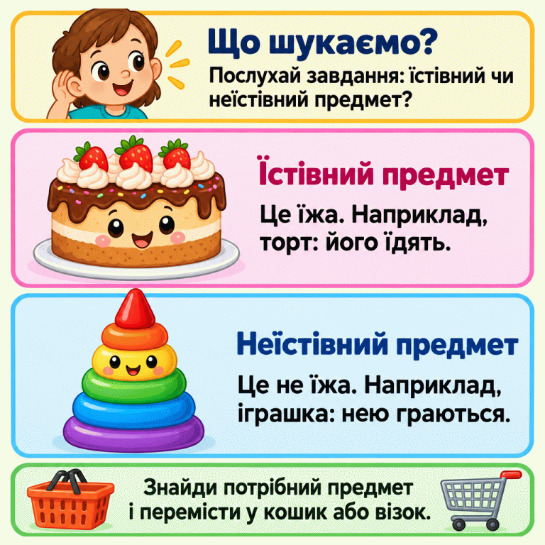 Спочатку послухай, який предмет потрібно знайти: їстівний чи неїстівний. Торт показує їстівний предмет: це їжа, його їдять. Іграшкова пірамідка показує неїстівний предмет: це не їжа, нею граються. Знайди предмет із потрібною ознакою та перемісти у кошик або візок. Що шукаємо?: Послухай завдання: їстівний чи неїстівний предмет? Їстівний предмет: Це їжа. Наприклад, торт: його їдять. Неїстівний предмет: Це не їжа. Наприклад, іграшка: нею граються. Знайди потрібний предмет і перемісти у кошик або візок.