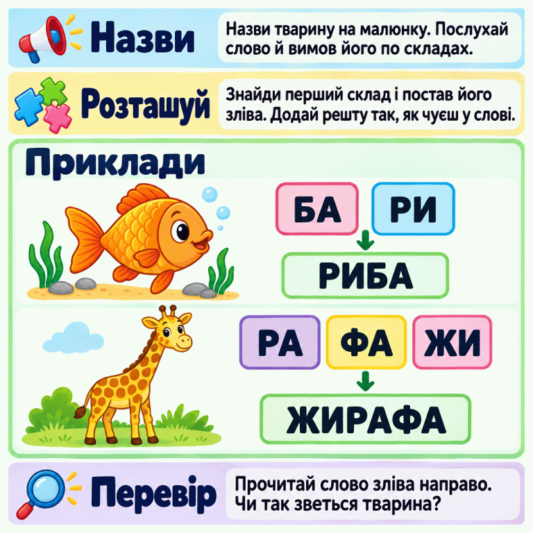 Картка пояснює, як створити слово зі складів: назвати тварину, послухати й вимовити слово по складах, розташувати склади в порядку звучання та прочитати результат. У навчальному прикладі біля риби плитки БА і РИ утворюють слово РИБА. Біля жирафи плитки РА, ФА і ЖИ утворюють слово ЖИРАФА. Приклади Назви: Назви тварину на малюнку. Послухай слово й вимов його по складах. Розташуй: Знайди перший склад і постав його зліва. Додай решту так, як чуєш у слові. Перевір: Прочитай слово зліва направо. Чи так зветься тварина? РИ БА РИБА ЖИ РА ФА ЖИРАФА
