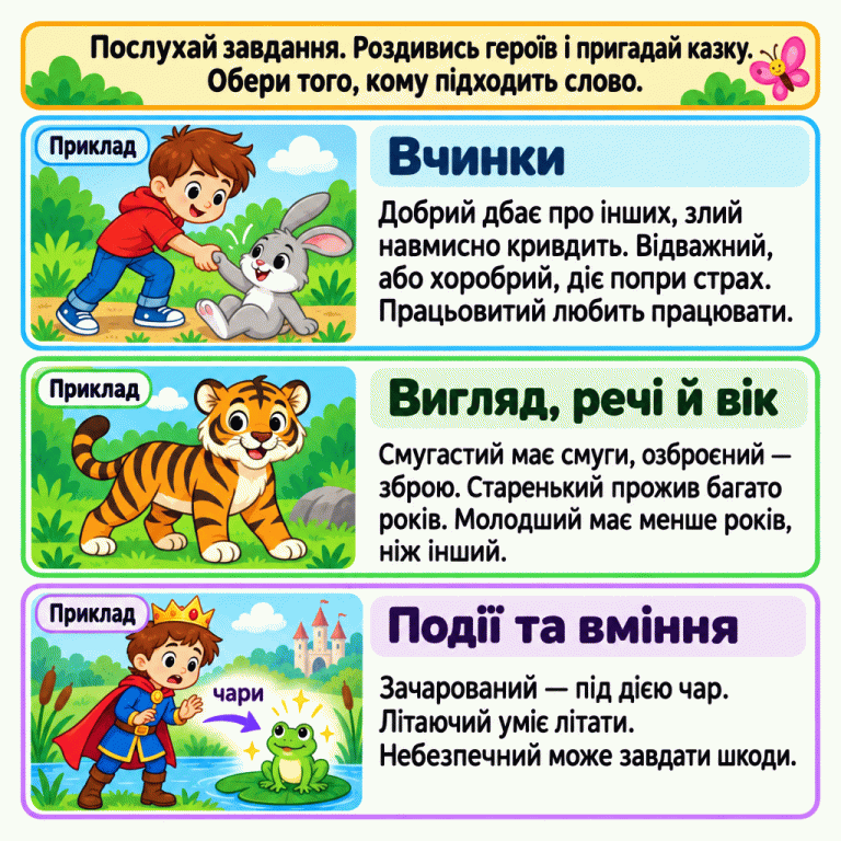 Картка пояснює, як обрати казкового героя за словом у завданні: роздивитися персонажів і пригадати казку. У секції про вчинки хлопчик допомагає зайчикові підвестися. Добрий дбає про інших, злий навмисно кривдить, відважний або хоробрий діє попри страх, працьовитий любить працювати. У секції про вигляд, речі й вік показано смугастого тигрика. Озброєний має зброю, старенький прожив багато років, молодший має менше років, ніж інший. У секції про події та вміння стрілка з написом «чари» веде від принца до жабки: це приклад зачарування. Літаючий уміє літати, небезпечний може завдати шкоди. Усі зображення позначені як навчальні приклади. Вчинки: Добрий дбає про інших, злий навмисно кривдить. Відважний, або хоробрий, діє попри страх. Працьовитий любить працювати. Вигляд, речі й вік: Смугастий має смуги, озброєний — зброю. Старенький прожив багато років. Молодший має менше років, ніж інший. Події та вміння: Зачарований — під дією чар. Літаючий уміє літати. Небезпечний може завдати шкоди. Послухай завдання. Роздивись героїв і пригадай казку. Обери того, кому підходить слово. Приклад чари