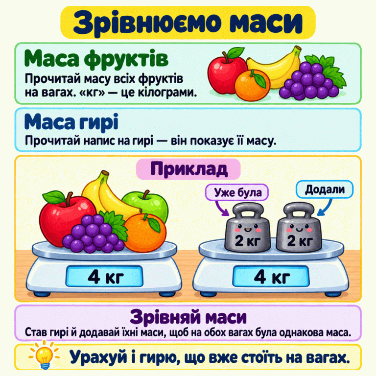 Навчальний приклад зрівнювання мас. Ваги з фруктами показують 4 кг. На інших вагах стоять дві гирі по 2 кг: одна вже була, другу додали. Їхня загальна маса теж 4 кг. Щоб зрівняти маси, прочитай написи й додавай маси гир, враховуючи ту, що вже стоїть на вагах. Зрівнюємо маси Маса фруктів: Прочитай масу всіх фруктів на вагах. «кг» — це кілограми. Маса гирі: Прочитай напис на гирі — він показує її масу. Зрівняй маси: Став гирі й додавай їхні маси, щоб на обох вагах була однакова маса. Урахуй і гирю, що вже стоїть на вагах. Приклад 4 кг 2 кг Уже була Додали