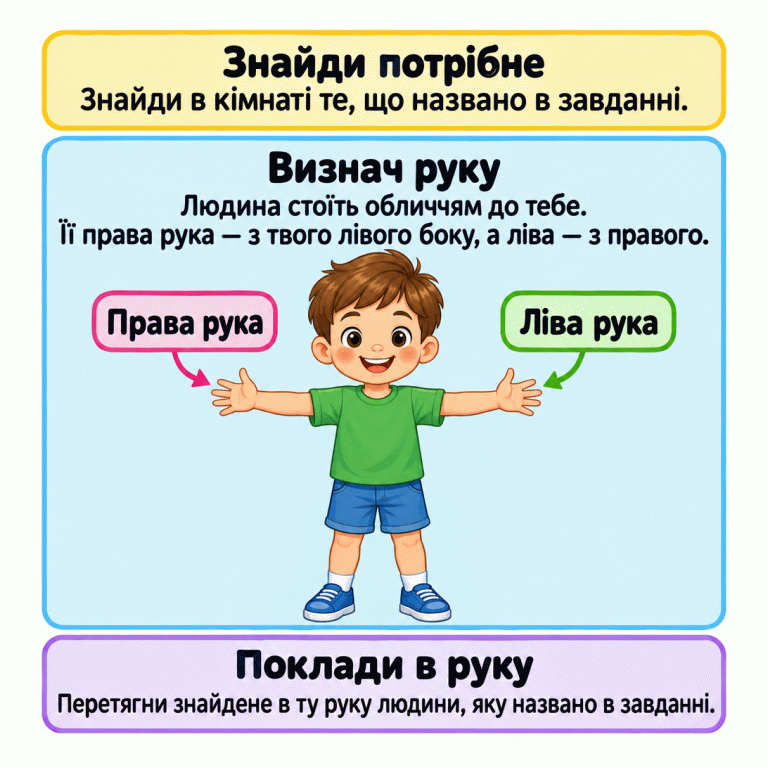 Дитина стоїть обличчям до тебе з розведеними руками. Її права рука — з твого лівого боку, а ліва — з правого. Знайди в кімнаті те, що названо в завданні, та перетягни в потрібну руку цієї людини. Знайди потрібне: Знайди в кімнаті те, що названо в завданні. Визнач руку: Людина стоїть обличчям до тебе. Її права рука — з твого лівого боку, а ліва — з правого. Поклади в руку: Перетягни знайдене в ту руку людини, яку названо в завданні. Права рука Ліва рука