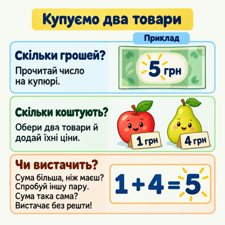Картка пояснює, як обрати два товари: прочитати суму на купюрі, додати дві ціни та порівняти результат із наявними грошима. У навчальному прикладі є 5 гривень. Яблуко коштує 1 гривню, груша — 4 гривні. Разом 1 + 4 = 5, тому грошей вистачає без решти. Якщо вартість пари більша за доступну суму, потрібно спробувати іншу пару. Купуємо два товари Скільки грошей?: Прочитай число на купюрі. Скільки коштують?: Обери два товари й додай їхні ціни. Чи вистачить?: Сума більша, ніж маєш? Спробуй іншу пару. Сума така сама? Вистачає без решти! Приклад 5 грн 1 грн 4 грн 1 + 4 = 5