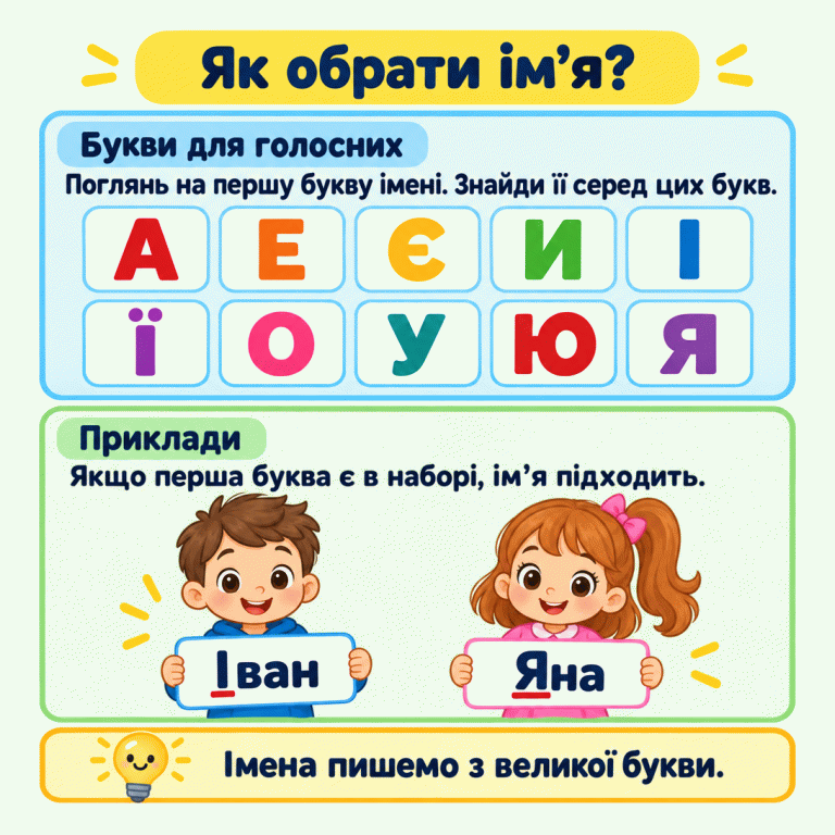 Картка пояснює, як обрати ім’я за першою буквою. Показано великі букви А, Е, Є, И, І, Ї, О, У, Ю, Я. У навчальних прикладах хлопчик тримає табличку «Іван», а дівчинка — «Яна». Перші букви І та Я підкреслено; обидві є в наборі. Нагадування: імена пишемо з великої букви. Як обрати ім’я? Букви для голосних: Поглянь на першу букву імені. Знайди її серед цих букв. Приклади: Якщо перша буква є в наборі, ім’я підходить. Імена пишемо з великої букви. А Е Є И І Ї О У Ю Я Іван Яна