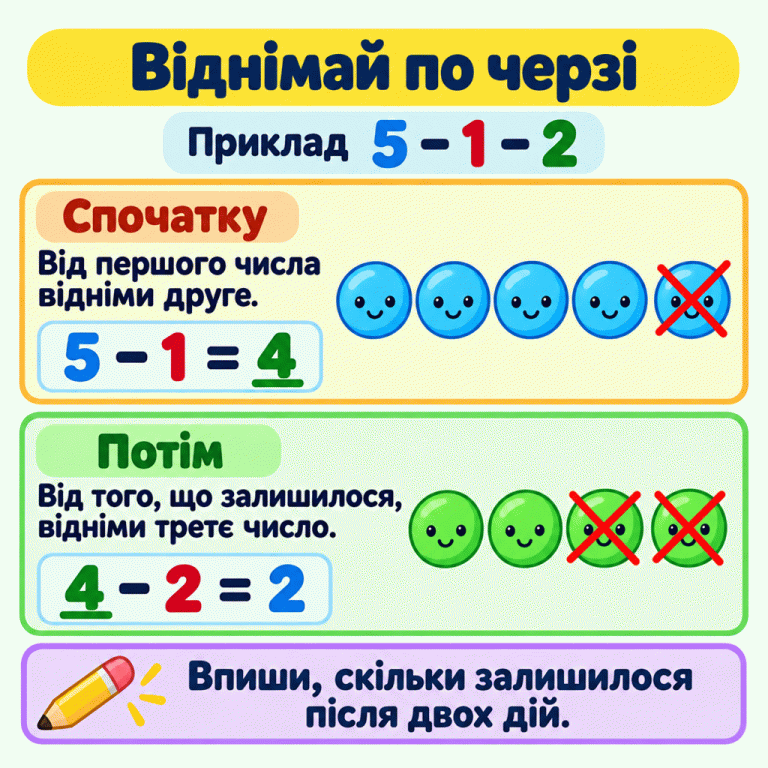 Віднімай по черзі. Навчальний приклад: п’ять мінус один мінус два. Спочатку від п’яти віднімаємо один: із п’яти кружечків один закреслено, залишилося чотири. Потім від чотирьох віднімаємо два: із чотирьох кружечків два закреслено, залишилося два. У відповідь вписуємо результат після обох дій. Віднімай по черзі Спочатку: Від першого числа відніми друге. Потім: Від того, що залишилося, відніми третє число. Впиши, скільки залишилося після двох дій. Приклад 5 − 1 − 2 5 − 1 = 4 4 − 2 = 2