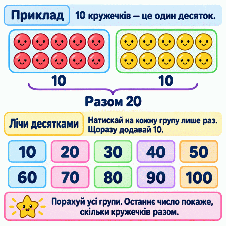 Навчальний приклад: дві групи по 10 кружечків, разом 20. Десять кружечків — це один десяток. Натискай на кожну групу лише раз і щоразу додавай 10. Послідовність лічби: 10, 20, 30, 40, 50, 60, 70, 80, 90, 100. Зупинися після останньої групи: назване число покаже кількість усіх кружечків. Приклад: 10 кружечків — це один десяток. Лічи десятками: Натискай на кожну групу лише раз. Щоразу додавай 10. Порахуй усі групи. Останнє число покаже, скільки кружечків разом. 10 Разом 20 20 30 40 50 60 70 80 90 100