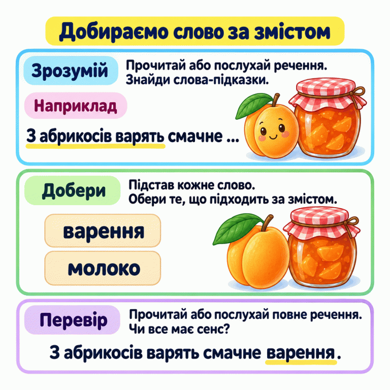Картка вчить добирати слово за змістом: прочитай або послухай речення, спробуй кожне слово й перевір повну думку. У навчальному прикладі «З абрикосів варять смачне …» порівнюються слова «варення» та «молоко». Поряд зображені абрикос і баночка варення. Завершене речення: «З абрикосів варять смачне варення.» Добираємо слово за змістом Зрозумій: Прочитай або послухай речення. Знайди слова-підказки. Добери: Підстав кожне слово. Обери те, що підходить за змістом. Перевір: Прочитай або послухай повне речення. Чи все має сенс? Наприклад З абрикосів варять смачне … варення молоко З абрикосів варять смачне варення.