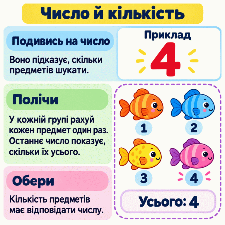 Число й кількість. Подивись на число, полічи кожен предмет у групі один раз і порівняй кількість із числом. Навчальний приклад: число 4 та чотири рибки у двох рядах. Біля рибок послідовно стоять числа 1, 2, 3, 4. Останнє число показує, скільки їх усього: 4. Число й кількість Подивись на число: Воно підказує, скільки предметів шукати. Полічи: У кожній групі рахуй кожен предмет один раз. Останнє число показує, скільки їх усього. Обери: Кількість предметів має відповідати числу. Приклад 4 1 2 3 Усього: 4