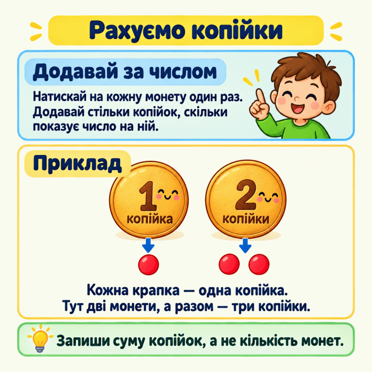 Навчальний приклад: монета в одну копійку та монета у дві копійки. Під першою одна крапка, під другою — дві. Кожна крапка означає одну копійку. Монет дві, а копійок разом три. Щоб знайти суму, потрібно врахувати значення кожної монети один раз. Рахуємо копійки Додавай за числом: Натискай на кожну монету один раз. Додавай стільки копійок, скільки показує число на ній. Приклад: Кожна крапка — одна копійка. Тут дві монети, а разом — три копійки. Запиши суму копійок, а не кількість монет. 1 копійка 2 копійки