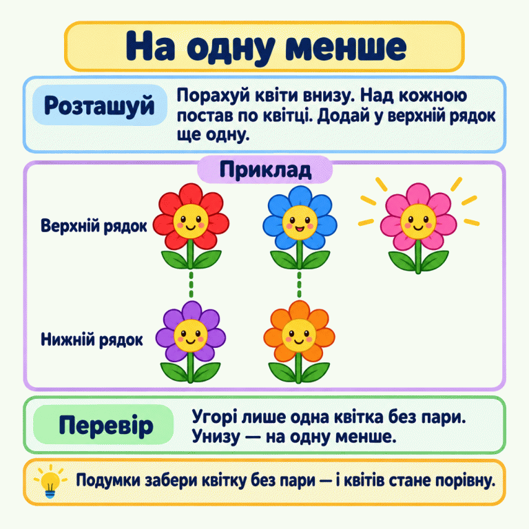 Навчальний приклад: у верхньому рядку три квітки, у нижньому — дві. Кожна нижня квітка має пару зверху, а одна верхня квітка залишається без пари. Тому внизу на одну квітку менше. Якщо подумки забрати верхню квітку без пари, у рядках стане порівну. На одну менше Розташуй: Порахуй квіти внизу. Над кожною постав по квітці. Додай у верхній рядок ще одну. Перевір: Угорі лише одна квітка без пари. Унизу — на одну менше. Подумки забери квітку без пари — і квітів стане порівну. Приклад Верхній рядок Нижній рядок