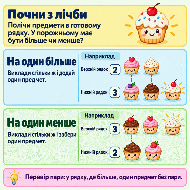 Полічи предмети в готовому рядку й визнач, чи в порожньому має бути більше або менше. На один більше — це стільки ж і ще один предмет. На один менше — стільки ж без одного. У першому навчальному прикладі зверху два тістечка, знизу три. У другому зверху три, знизу два. В обох прикладах утворюються дві пари, а один предмет у рядку, де більше, залишається без пари. Почни з лічби: Полічи предмети в готовому рядку. У порожньому має бути більше чи менше? На один більше: Виклади стільки ж і додай один предмет. На один менше: Виклади стільки ж і забери один предмет. Перевір пари: у рядку, де більше, один предмет без пари. Наприклад Верхній рядок Нижній рядок 2 3