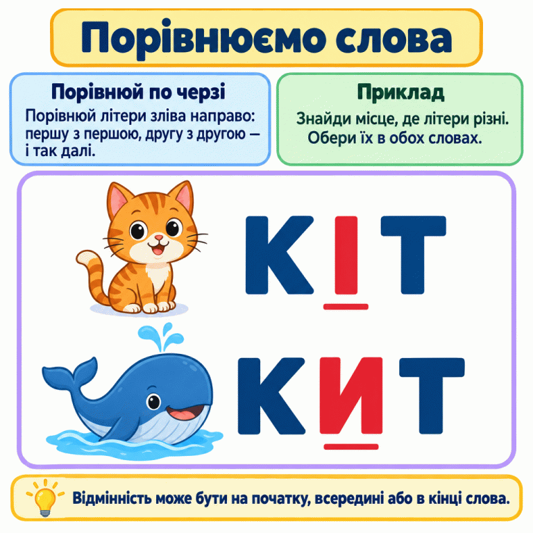 Навчальний приклад: слово «КІТ» поруч із котом і слово «КИТ» поруч із китом. Слова розташовані одне під одним. Перші й останні літери однакові, а різні середні літери І та И підкреслено. Порада: порівнювати літери зліва направо на однакових місцях та обирати різну літеру в кожному слові. Порівнюємо слова Порівнюй по черзі: Порівнюй літери зліва направо: першу з першою, другу з другою — і так далі. Приклад: Знайди місце, де літери різні. Обери їх в обох словах. Відмінність може бути на початку, всередині або в кінці слова. КІТ КИТ