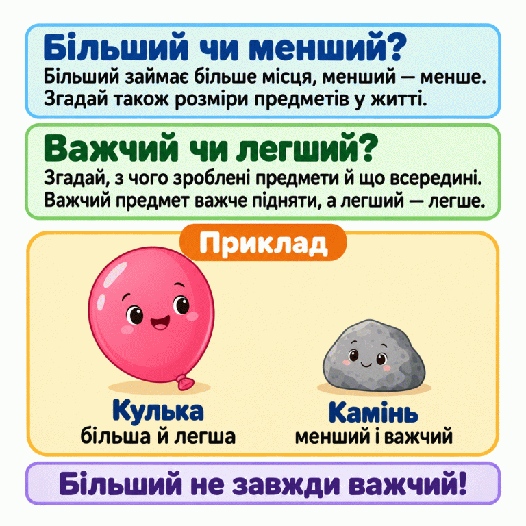 Картка пояснює порівняння розміру й ваги. Більший предмет займає більше місця, менший — менше; варто згадати також їхні розміри в житті. Для порівняння ваги згадай матеріал, наповнення та те, що важче підняти. У навчальному прикладі надута кулька більша й легша за камінь, а камінь менший і важчий. Більший не завжди важчий! Більший чи менший?: Більший займає більше місця, менший — менше. Згадай також розміри предметів у житті. Важчий чи легший?: Згадай, з чого зроблені предмети й що всередині. Важчий предмет важче підняти, а легший — легше. Більший не завжди важчий! Приклад Кулька більша й легша Камінь менший і важчий
