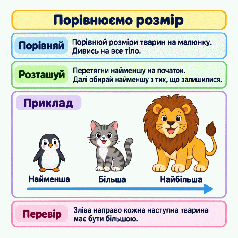 Навчальний приклад упорядкування за розміром: зліва маленький пінгвін, далі більший котик, праворуч найбільший лев. Підписи позначають найменшу, більшу та найбільшу тварину. Щоб скласти такий ряд, спочатку обери найменшу тварину, потім щоразу найменшу з тих, що залишилися. Перевір, що зліва направо розмір зростає. Порівнюємо розмір Порівняй: Порівнюй розміри тварин на малюнку. Дивись на все тіло. Розташуй: Перетягни найменшу на початок. Далі обирай найменшу з тих, що залишилися. Перевір: Зліва направо кожна наступна тварина має бути більшою. Приклад Найменша Більша Найбільша