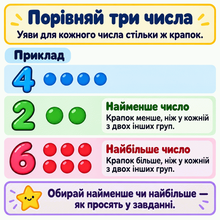 Пояснення порівняння трьох чисел через кількість крапок. У навчальному прикладі біля числа 4 є чотири крапки, біля 2 — дві, біля 6 — шість. Серед цих трьох чисел 2 найменше, бо двох крапок менше, ніж у кожній іншій групі. Число 6 найбільше, бо шести крапок більше, ніж у кожній іншій групі. У завданні слід обирати найменше або найбільше число залежно від умови. Порівняй три числа: Уяви для кожного числа стільки ж крапок. Найменше число: Крапок менше, ніж у кожній з двох інших груп. Найбільше число: Крапок більше, ніж у кожній з двох інших груп. Обирай найменше чи найбільше — як просять у завданні. Приклад 4 2 6