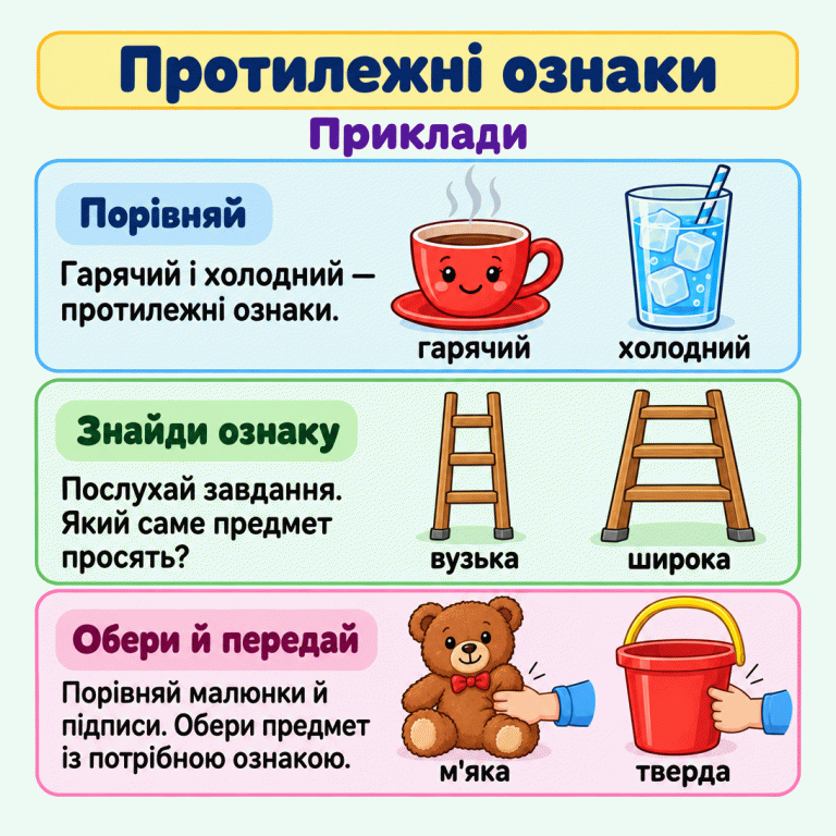 Картка пояснює, як обирати предмет за названою ознакою. Навчальні приклади: гарячий напій із парою та холодний із льодом, вузька й широка драбинки, м'яка плюшева іграшка та тверде іграшкове відерце. Потрібно послухати завдання, порівняти малюнки й підписи та передати предмет із потрібною ознакою. Протилежні ознаки Порівняй: Гарячий і холодний — протилежні ознаки. Знайди ознаку: Послухай завдання. Який саме предмет просять? Обери й передай: Порівняй малюнки й підписи. Обери предмет із потрібною ознакою. Приклади гарячий холодний вузька широка м'яка тверда