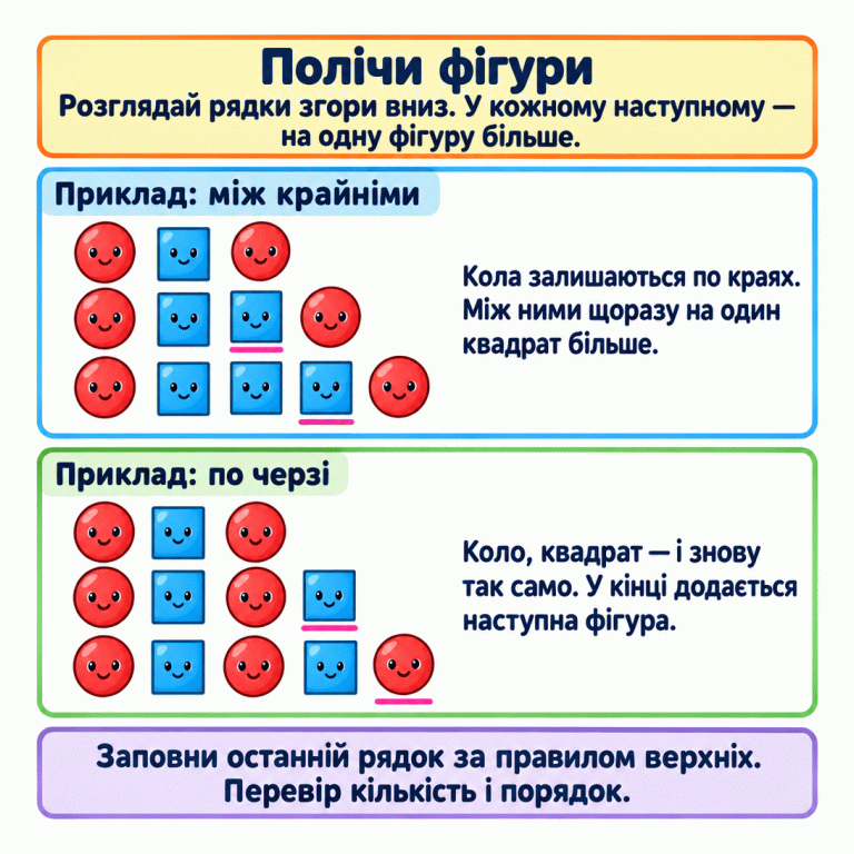 Два приклади того, як ростуть рядки. У першому кола залишаються на початку й у кінці, а квадратів між ними стає більше: один, два, три. У другому коло й квадрат ідуть по черзі: спочатку три фігури, потім чотири, потім п’ять. Щоразу додається одна фігура. Щоб заповнити останній рядок, треба зберегти правило верхніх і перевірити кількість та порядок. Полічи фігури: Розглядай рядки згори вниз. У кожному наступному — на одну фігуру більше. Приклад: між крайніми: Кола залишаються по краях. Між ними щоразу на один квадрат більше. Приклад: по черзі: Коло, квадрат — і знову так само. У кінці додається наступна фігура. Заповни останній рядок за правилом верхніх. Перевір кількість і порядок.