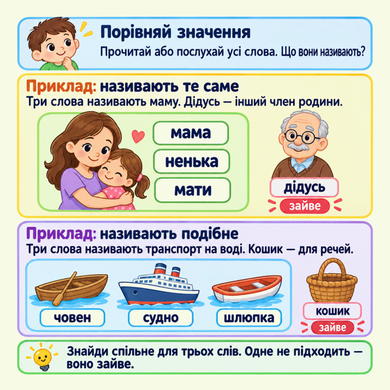 Порівняй значення слів і знайди спільне для трьох. У першому прикладі мама, ненька й мати називають маму, а дідусь — іншого члена родини. У другому човен, судно й шлюпка називають транспорт на воді, а кошик призначений для речей. Зайве слово не підходить до трійки за значенням. Порівняй значення: Прочитай або послухай усі слова. Що вони називають? Приклад: називають те саме: Три слова називають маму. Дідусь — інший член родини. Приклад: називають подібне: Три слова називають транспорт на воді. Кошик — для речей. Знайди спільне для трьох слів. Одне не підходить — воно зайве. мама ненька мати дідусь човен судно шлюпка кошик зайве
