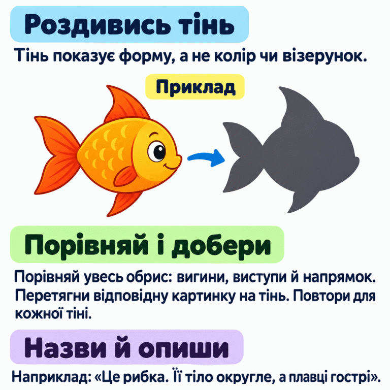 Навчальний приклад: рибка та її тінь мають однаковий обрис округлого тіла, гострих плавців і хвоста. Стрілка показує перенесення рибки до тіні. Підказки радять порівнювати весь обрис, добирати картинку до кожної тіні та називати й описувати зображене. Роздивись тінь: Тінь показує форму, а не колір чи візерунок. Порівняй і добери: Порівняй увесь обрис: вигини, виступи й напрямок. Перетягни відповідну картинку на тінь. Повтори для кожної тіні. Назви й опиши: Наприклад: «Це рибка. Її тіло округле, а плавці гострі». Приклад