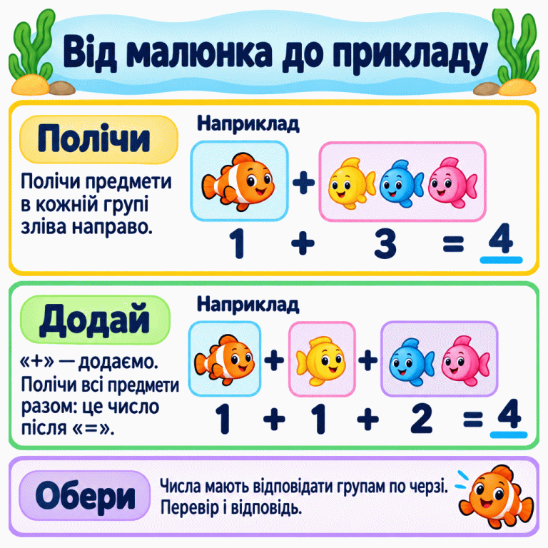 Картка пояснює, як дібрати приклад до малюнка: полічити предмети в кожній групі зліва направо, додати їх і перевірити всі числа та відповідь. У першому навчальному прикладі одна рибка і три рибки: 1+3=4. У другому — одна рибка, одна рибка і дві рибки: 1+1+2=4. Усього в обох прикладах по чотири рибки, але групи різні, тому перевіряти потрібно не лише відповідь. Від малюнка до прикладу Полічи: Полічи предмети в кожній групі зліва направо. Додай: «+» — додаємо. Полічи всі предмети разом: це число після «=». Обери: Числа мають відповідати групам по черзі. Перевір і відповідь. Наприклад 1 2 3 4 + =
