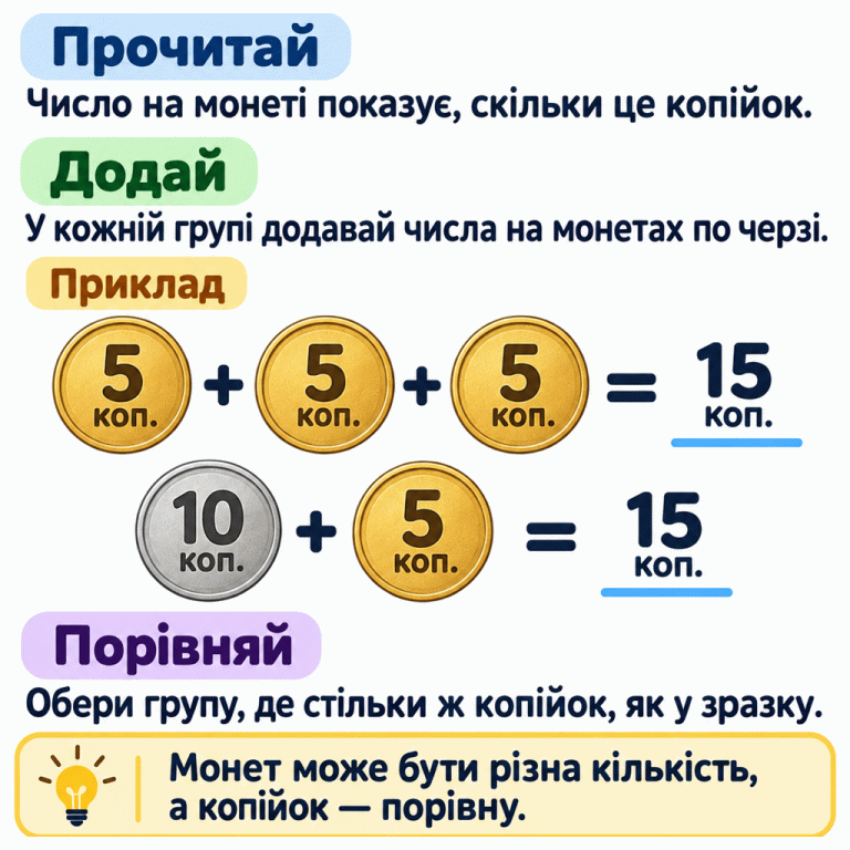 Навчальний приклад: три монети по 5 копійок разом дають 15 копійок. Монети 10 і 5 копійок також дають 15 копійок. Монет у групах різна кількість, але сума однакова. Прочитай числа на монетах, додай їх у кожній групі та обери групу з такою самою сумою, як у зразку. Прочитай: Число на монеті показує, скільки це копійок. Додай: У кожній групі додавай числа на монетах по черзі. Порівняй: Обери групу, де стільки ж копійок, як у зразку. Монет може бути різна кількість, а копійок — порівну. Приклад 5 10 15 коп. + =