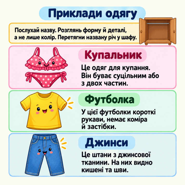 Картка з прикладами одягу. Купальник із двох частин — одяг для купання; купальники також бувають суцільними. У показаної футболки короткі рукави, немає коміра й застібки. Джинси — штани з джинсової тканини з видимими кишенями та швами. Порада: послухай назву, розглянь форму й деталі, а не лише колір, і перетягни названу річ у шафу. Приклади одягу Купальник: Це одяг для купання. Він буває суцільним або з двох частин. Футболка: У цієї футболки короткі рукави, немає коміра й застібки. Джинси: Це штани з джинсової тканини. На них видно кишені та шви. Послухай назву. Розглянь форму й деталі, а не лише колір. Перетягни названу річ у шафу.