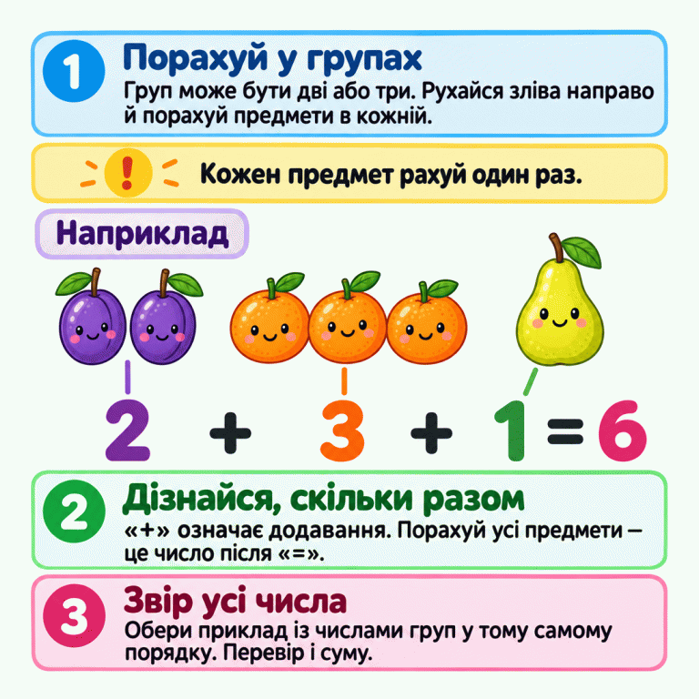 Картка пояснює, як обрати приклад додавання для двох або трьох груп предметів. Треба порахувати кожну групу зліва направо, а потім усі предмети разом. У навчальному прикладі зображено дві сливи, три мандарини й одну грушу. Під ними записано: 2 + 3 + 1 = 6. Під час вибору потрібно перевірити числа всіх груп у тому самому порядку та суму, рахуючи кожен предмет лише один раз. Порахуй у групах: Груп може бути дві або три. Рухайся зліва направо й порахуй предмети в кожній. Дізнайся, скільки разом: «+» означає додавання. Порахуй усі предмети — це число після «=». Звір усі числа: Обери приклад із числами груп у тому самому порядку. Перевір і суму. Кожен предмет рахуй один раз. Наприклад 2 + 3 + 1 = 6 1 ! 2 3