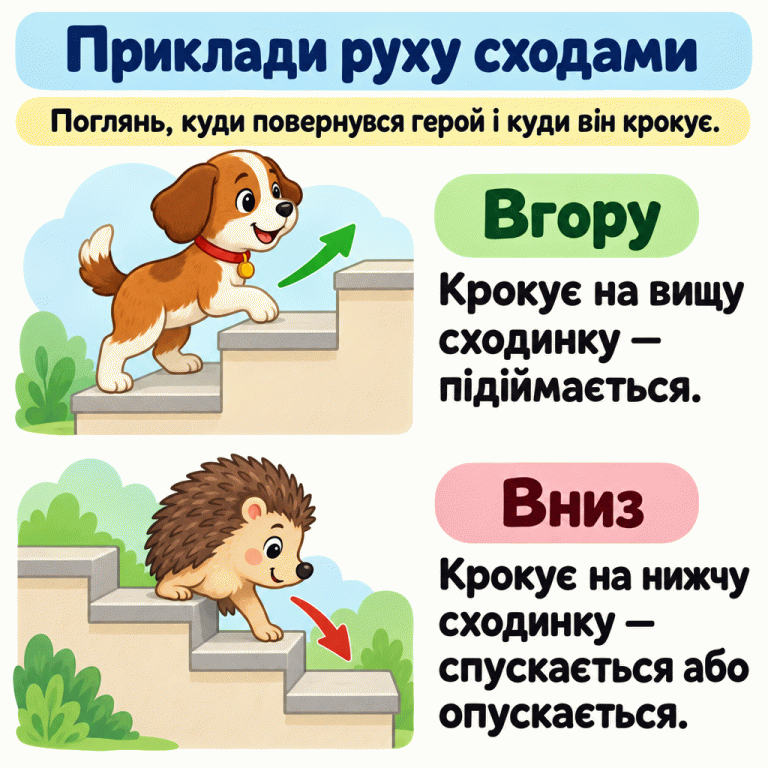 Два приклади руху сходами. Песик крокує з нижчої сходинки на вищу: вгору, підіймається. Їжачок крокує з вищої сходинки на нижчу: вниз, спускається або опускається. Пози героїв і стрілки показують напрямок наступного кроку. Приклади руху сходами Вгору: Крокує на вищу сходинку — підіймається. Вниз: Крокує на нижчу сходинку — спускається або опускається. Поглянь, куди повернувся герой і куди він крокує.