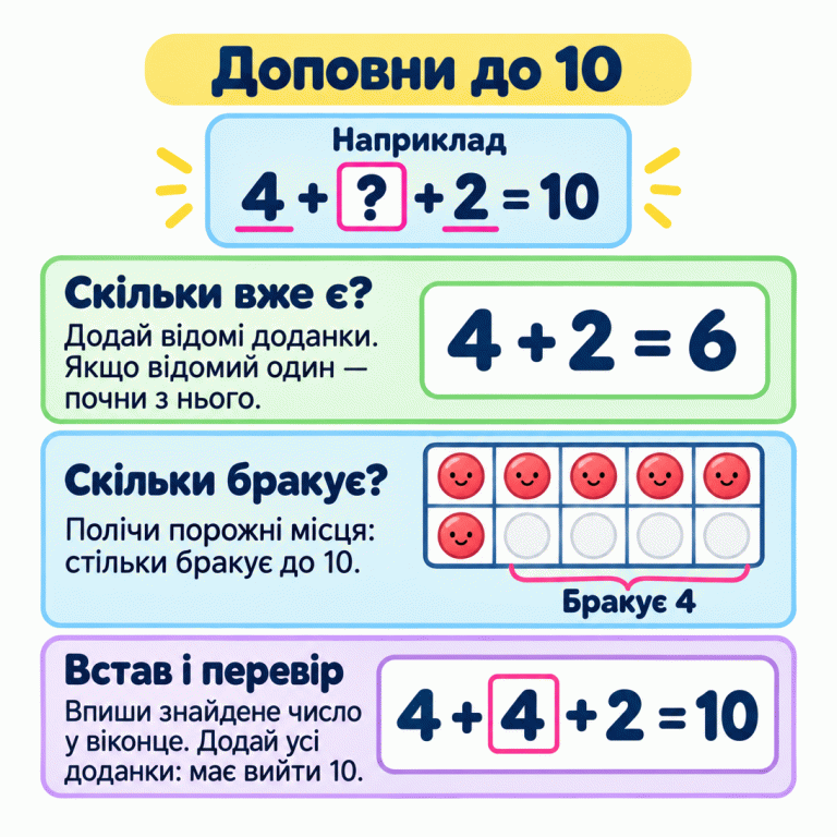 Картка пояснює, як знайти пропущений доданок до 10. Якщо відомі два доданки, їх спочатку додають; якщо один — починають із нього. У навчальному прикладі 4 + ? + 2 = 10 відомі доданки дають 6. Із десяти місць шість зайняті фішками, а чотири порожні, тому бракує 4. Перевірка: 4 + 4 + 2 = 10. Доповни до 10 Скільки вже є?: Додай відомі доданки. Якщо відомий один — почни з нього. Скільки бракує?: Полічи порожні місця: стільки бракує до 10. Встав і перевір: Впиши знайдене число у віконце. Додай усі доданки: має вийти 10. Наприклад 4 + ? + 2 = 10 4 + 2 = 6 Бракує 4 4 + 4 + 2 = 10
