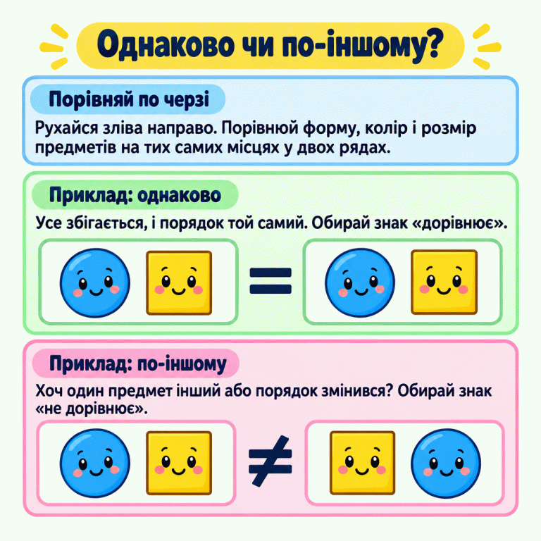 Картка вчить порівнювати форму, колір і розмір предметів на відповідних місцях двох рядів. У першому навчальному прикладі круг і квадрат стоять у тому самому порядку в обох рядах; між рядами знак «дорівнює». У другому прикладі порядок праворуч змінено на квадрат і круг; між рядами знак «не дорівнює», хоча кількість предметів однакова. Однаково чи по-іншому? Порівняй по черзі: Рухайся зліва направо. Порівнюй форму, колір і розмір предметів на тих самих місцях у двох рядах. Приклад: однаково: Усе збігається, і порядок той самий. Обирай знак «дорівнює». Приклад: по-іншому: Хоч один предмет інший або порядок змінився? Обирай знак «не дорівнює». = ≠