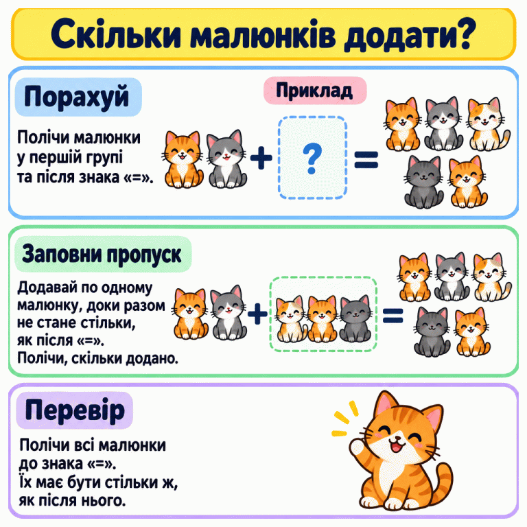 Картка пояснює, як заповнити пропуск у додаванні малюнками. У навчальному прикладі два котики плюс невідома група дорівнюють п’ятьом котикам. У завершеному прикладі в пропуск додано трьох котиків: два і три разом — п’ять. Спочатку полічи відому й підсумкову групи, додавай по одному до потрібної кількості, а потім перевір кількість по обидва боки знака рівності. Скільки малюнків додати? Порахуй: Полічи малюнки у першій групі та після знака «=». Заповни пропуск: Додавай по одному малюнку, доки разом не стане стільки, як після «=». Полічи, скільки додано. Перевір: Полічи всі малюнки до знака «=». Їх має бути стільки ж, як після нього. Приклад + = ?