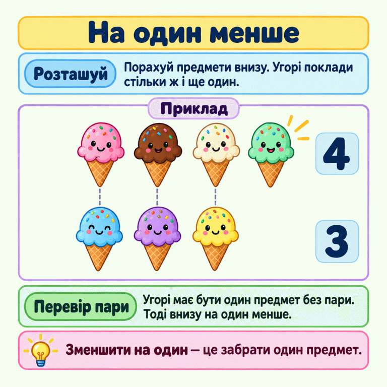 Навчальний приклад: угорі чотири морозива, унизу три. Три пари поєднують верхні й нижні предмети, а одне морозиво вгорі залишається без пари. Отже, внизу на один предмет менше. Щоб скласти такі рядки, поклади вгорі стільки ж предметів, скільки внизу, і ще один. На один менше Розташуй: Порахуй предмети внизу. Угорі поклади стільки ж і ще один. Перевір пари: Угорі має бути один предмет без пари. Тоді внизу на один менше. Зменшити на один — це забрати один предмет. Приклад 4 3