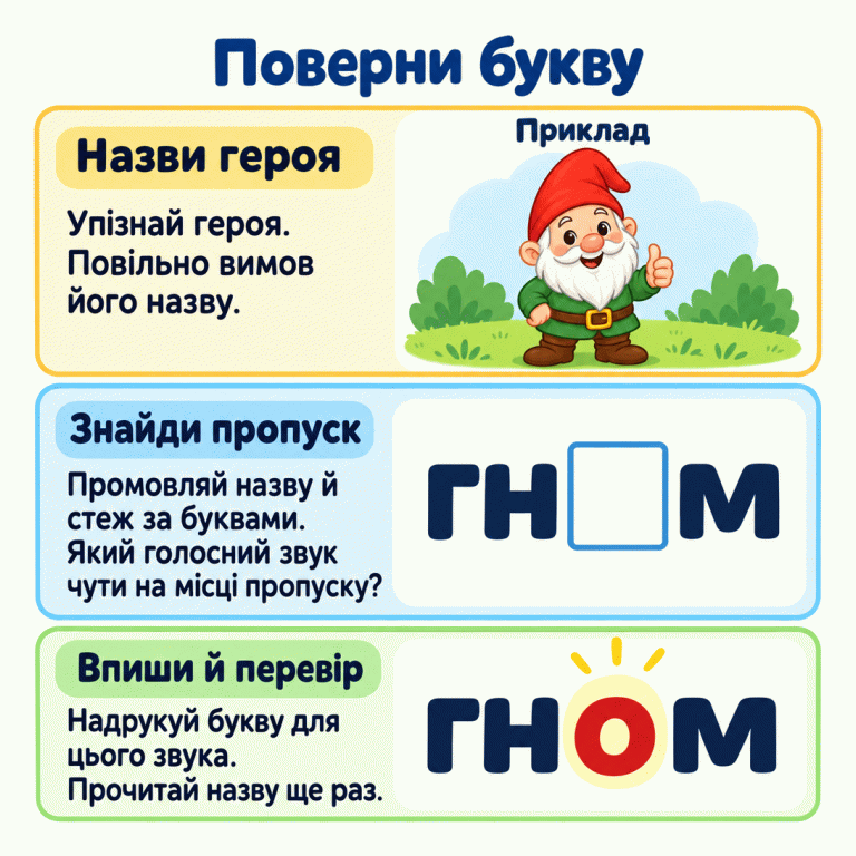 Три дії: назви героя, знайди пропуск, впиши букву й перевір назву. Навчальний приклад із гномом: у слові між «н» і «м» є порожнє віконце. Після введення «о» виходить «гном». Поверни букву Назви героя: Упізнай героя. Повільно вимов його назву. Знайди пропуск: Промовляй назву й стеж за буквами. Який голосний звук чути на місці пропуску? Впиши й перевір: Надрукуй букву для цього звука. Прочитай назву ще раз. Приклад гн м гном
