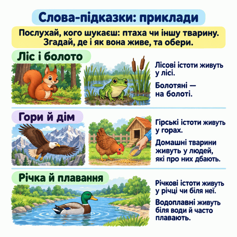Картка пояснює слова-підказки на прикладах. Білка в лісі показує лісову істоту, жаба на болоті — болотяну, орел у горах — гірського птаха. Людина годує домашню курку. Качка пливе річкою: вона і річкова, і водоплавна. Щоб обрати істоту, потрібно врахувати, кого названо в завданні та де або як вона зазвичай живе. Слова-підказки: приклади Ліс і болото: Лісові істоти живуть у лісі. Болотяні — на болоті. Гори й дім: Гірські істоти живуть у горах. Домашні тварини живуть у людей, які про них дбають. Річка й плавання: Річкові істоти живуть у річці чи біля неї. Водоплавні живуть біля води й часто плавають. Послухай, кого шукаєш: птаха чи іншу тварину. Згадай, де і як вона живе, та обери.