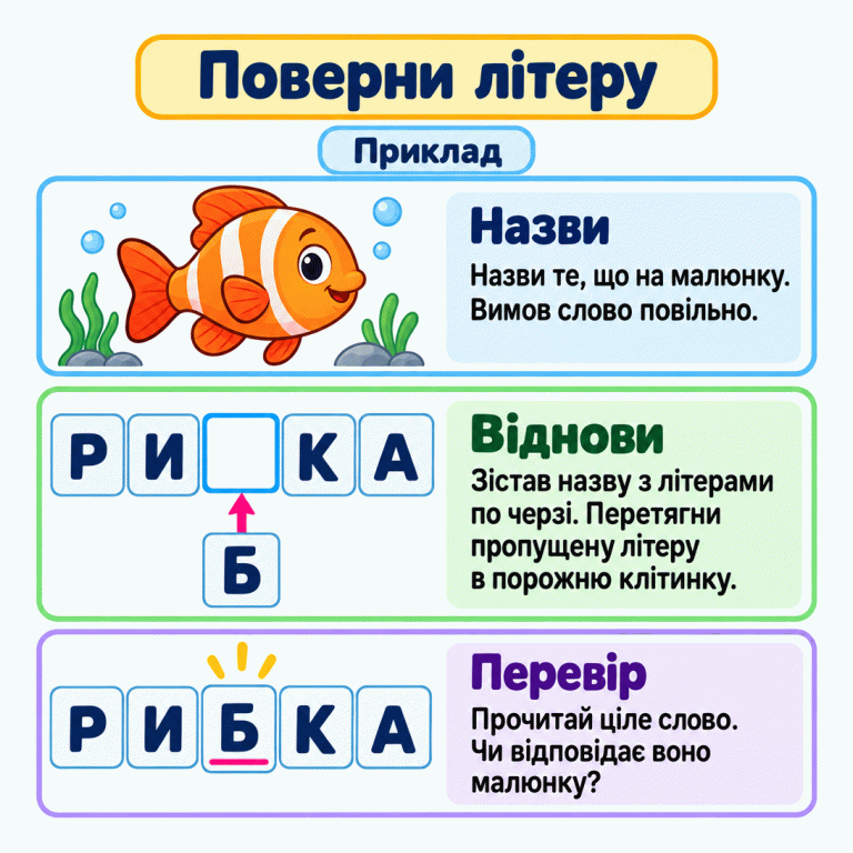 Картка пояснює, як відновити слово: назви зображене, зістав назву з літерами, встав пропущену літеру й прочитай результат. У навчальному прикладі зображена рибка. У слові після РИ залишена порожня клітинка, далі стоять КА. Літера Б заповнює пропуск, і виходить слово РИБКА. Поверни літеру Назви: Назви те, що на малюнку. Вимов слово повільно. Віднови: Зістав назву з літерами по черзі. Перетягни пропущену літеру в порожню клітинку. Перевір: Прочитай ціле слово. Чи відповідає воно малюнку? Приклад Р И К А Б