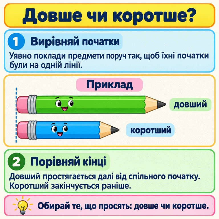Навчальний приклад із двома олівцями різної довжини. Їхні початки вирівняні. Довший олівець простягається далі, а коротший закінчується раніше. Картка радить уявно вирівняти початки предметів, порівняти їхні кінці й обрати довший або коротший відповідно до запитання. Довше чи коротше? Вирівняй початки: Уявно поклади предмети поруч так, щоб їхні початки були на одній лінії. Порівняй кінці: Довший простягається далі від спільного початку. Коротший закінчується раніше. Обирай те, що просять: довше чи коротше. Приклад довший коротший 1 2