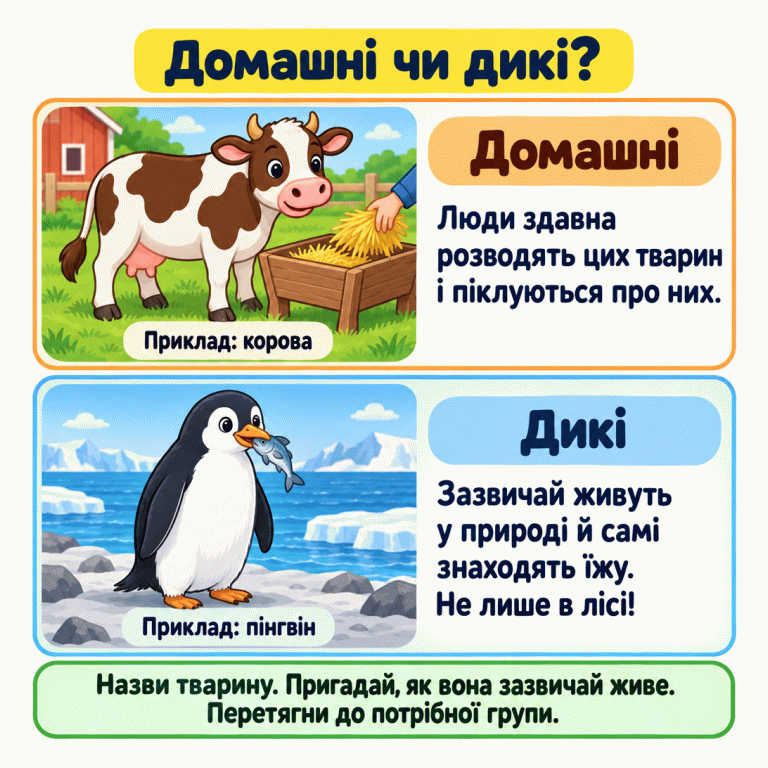 Картка пояснює різницю між домашніми й дикими тваринами. Корова біля годівниці — приклад домашньої тварини, про яку піклуються люди. Пінгвін зі спійманою рибкою на морському березі — приклад дикої тварини. Дикі тварини живуть не лише в лісі. Назви тварину, пригадай її звичне життя та перетягни до потрібної групи. Домашні чи дикі? Домашні: Люди здавна розводять цих тварин і піклуються про них. Дикі: Зазвичай живуть у природі й самі знаходять їжу. Не лише в лісі! Назви тварину. Пригадай, як вона зазвичай живе. Перетягни до потрібної групи. Приклад: корова Приклад: пінгвін
