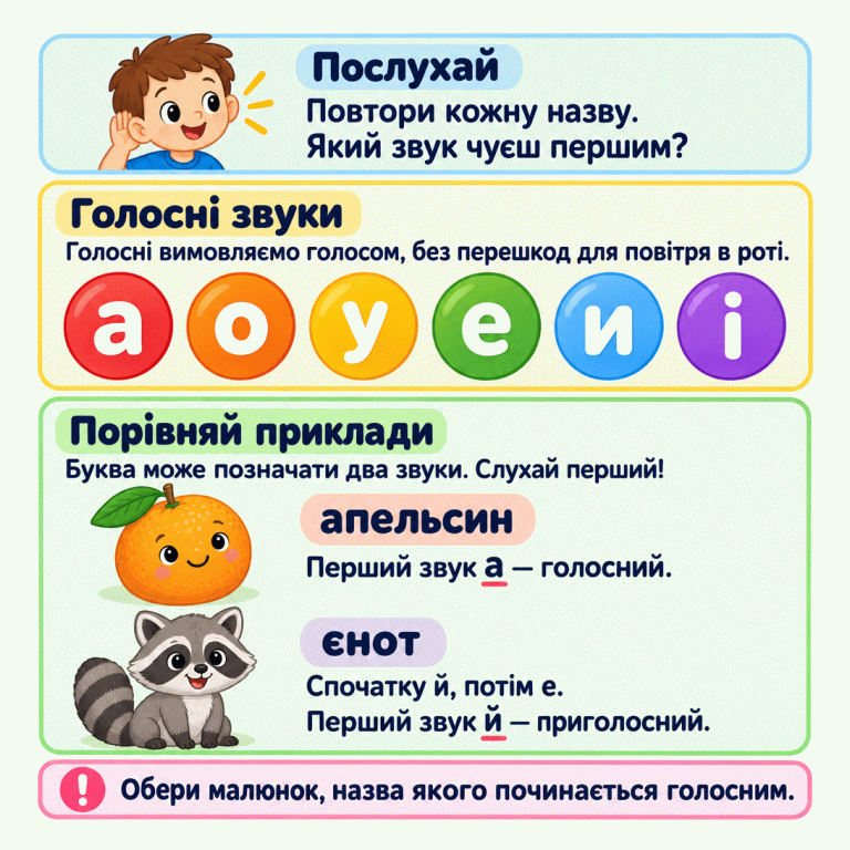 Повтори назву малюнка й визнач її перший звук. Голосні звуки: а, о, у, е, и, і. У навчальному прикладі слово «апельсин» починається голосним а. У слові «єнот» спочатку чуємо й, потім е, тому перший звук — приголосний. Обирай малюнок за першим звуком назви, а не за першою буквою. Послухай: Повтори кожну назву. Який звук чуєш першим? Голосні звуки: Голосні вимовляємо голосом, без перешкод для повітря в роті. Порівняй приклади: Буква може позначати два звуки. Слухай перший! Обери малюнок, назва якого починається голосним. а о у е и і апельсин Перший звук а — голосний. єнот Спочатку й, потім е. Перший звук й — приголосний. !