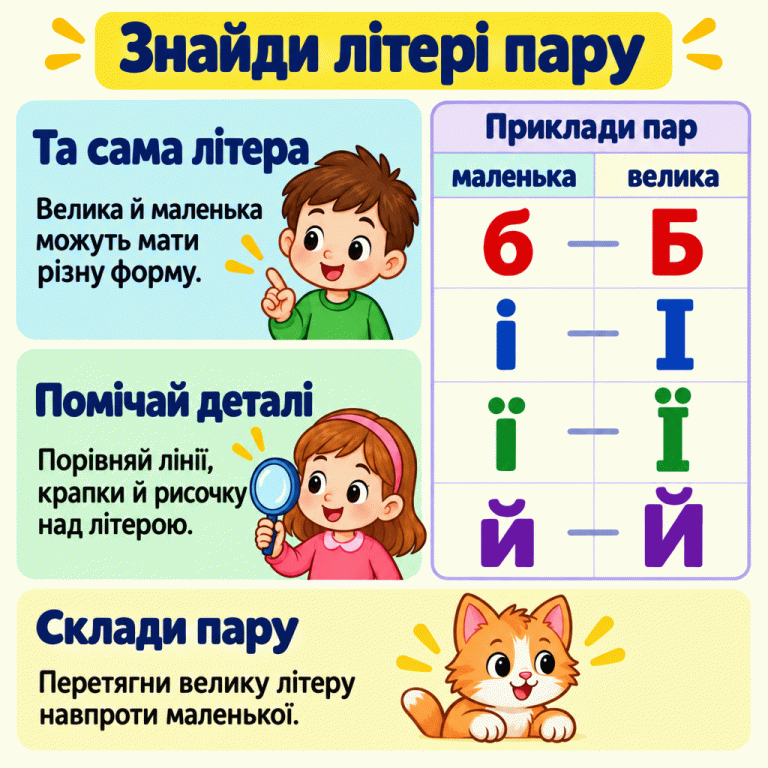 Приклади пар: маленька б — велика Б, маленька і — велика І, маленька ї — велика Ї, маленька й — велика Й. Форми однієї літери можуть відрізнятися. У маленької і є одна крапка, а у великої І крапки немає. Обидві форми ї мають дві крапки, а обидві форми й — рисочку над літерою. Знайди велику форму тієї самої літери й перетягни її навпроти маленької. Знайди літері пару Та сама літера: Велика й маленька можуть мати різну форму. Помічай деталі: Порівняй лінії, крапки й рисочку над літерою. Склади пару: Перетягни велику літеру навпроти маленької. Приклади пар маленька велика б Б і І ї Ї й Й
