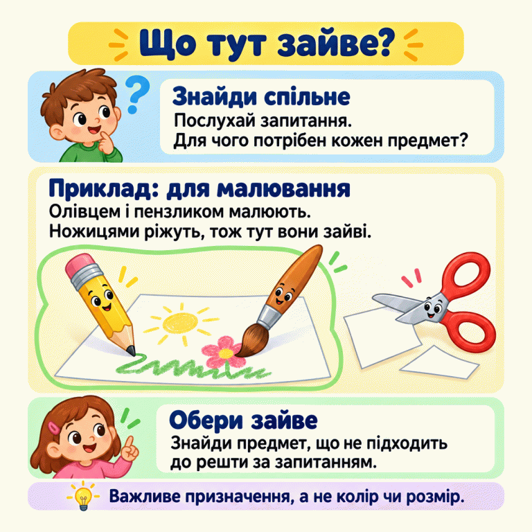 Картка пояснює, як знайти зайвий предмет за призначенням. Спочатку послухай запитання й подумай, для чого потрібні предмети. У прикладі олівець і пензлик малюють на папері, а ножиці ріжуть папір. Для малювання ножиці зайві. В інших завданнях обирай за запитанням, а не за кольором чи розміром. Що тут зайве? Знайди спільне: Послухай запитання. Для чого потрібен кожен предмет? Приклад: для малювання: Олівцем і пензликом малюють. Ножицями ріжуть, тож тут вони зайві. Обери зайве: Знайди предмет, що не підходить до решти за запитанням. Важливе призначення, а не колір чи розмір. ?